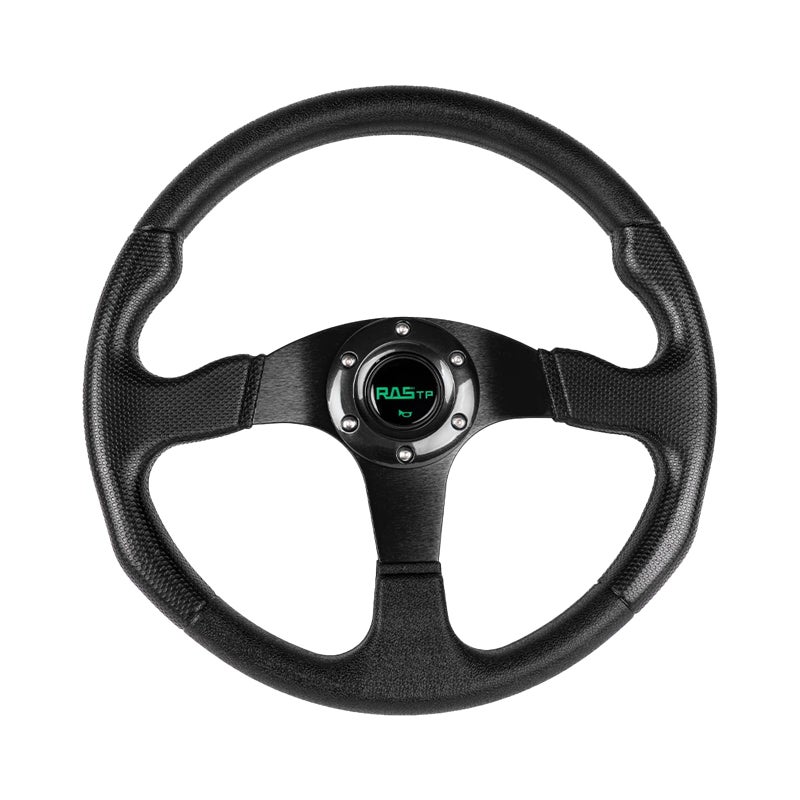 RASTP Universal Racing Steering Wheel 13.8â€/350mm 6 Bolts Grip Vinyl Leather & Aluminum with Horn Button for Car-Black - Image 1